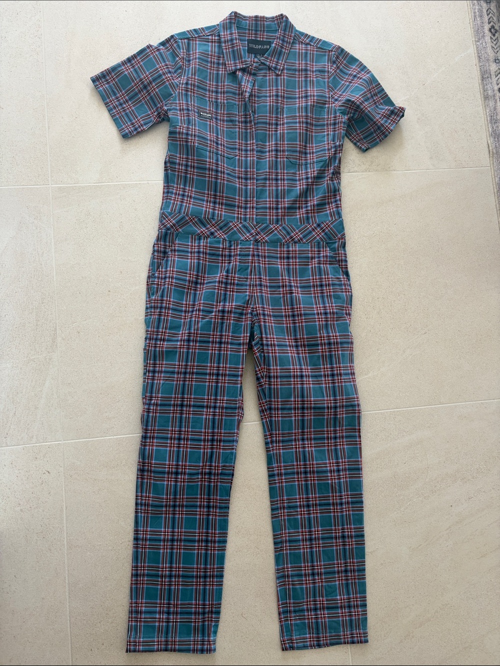 Plaid Short-Sleeve One-Piece Jumpsuit - Teal/Red